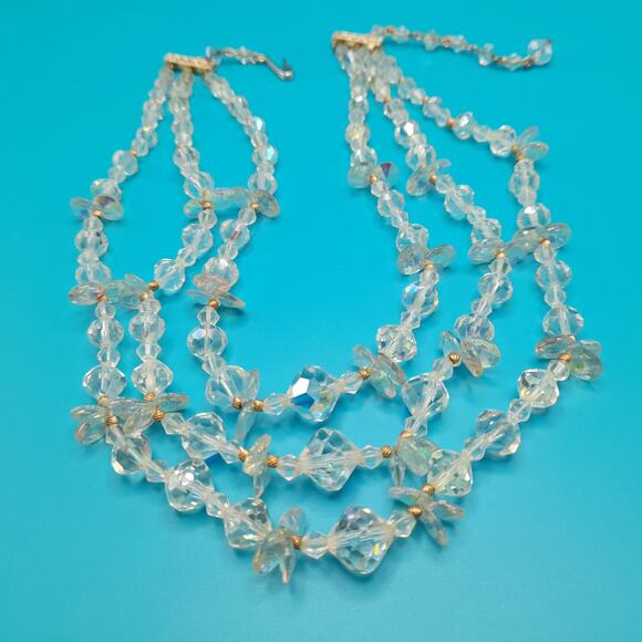 Vintage 1960s Crystal Bead Necklace, Three Strands, Rhinestone End Bars, 17" - Picture 5 of 10